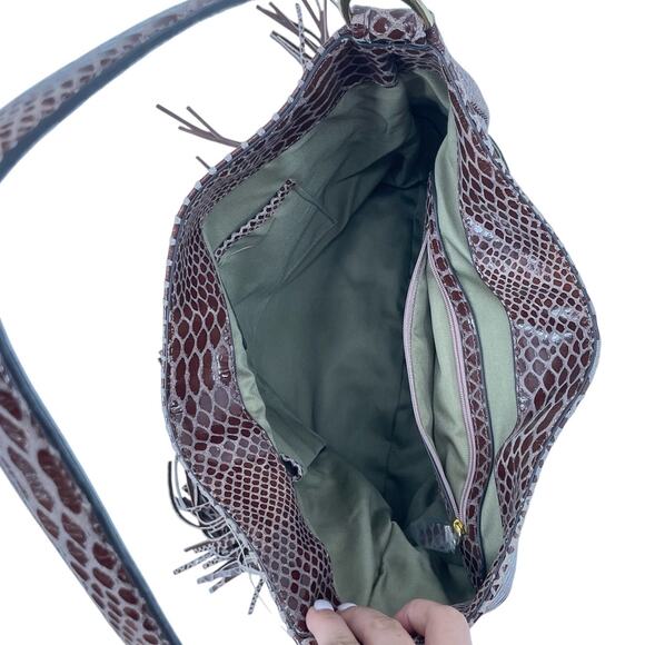 GILI NEW Brown Genuine Leather Textured Croc Reptile Fringe Shoulder Bag Purse - Picture 6 of 13